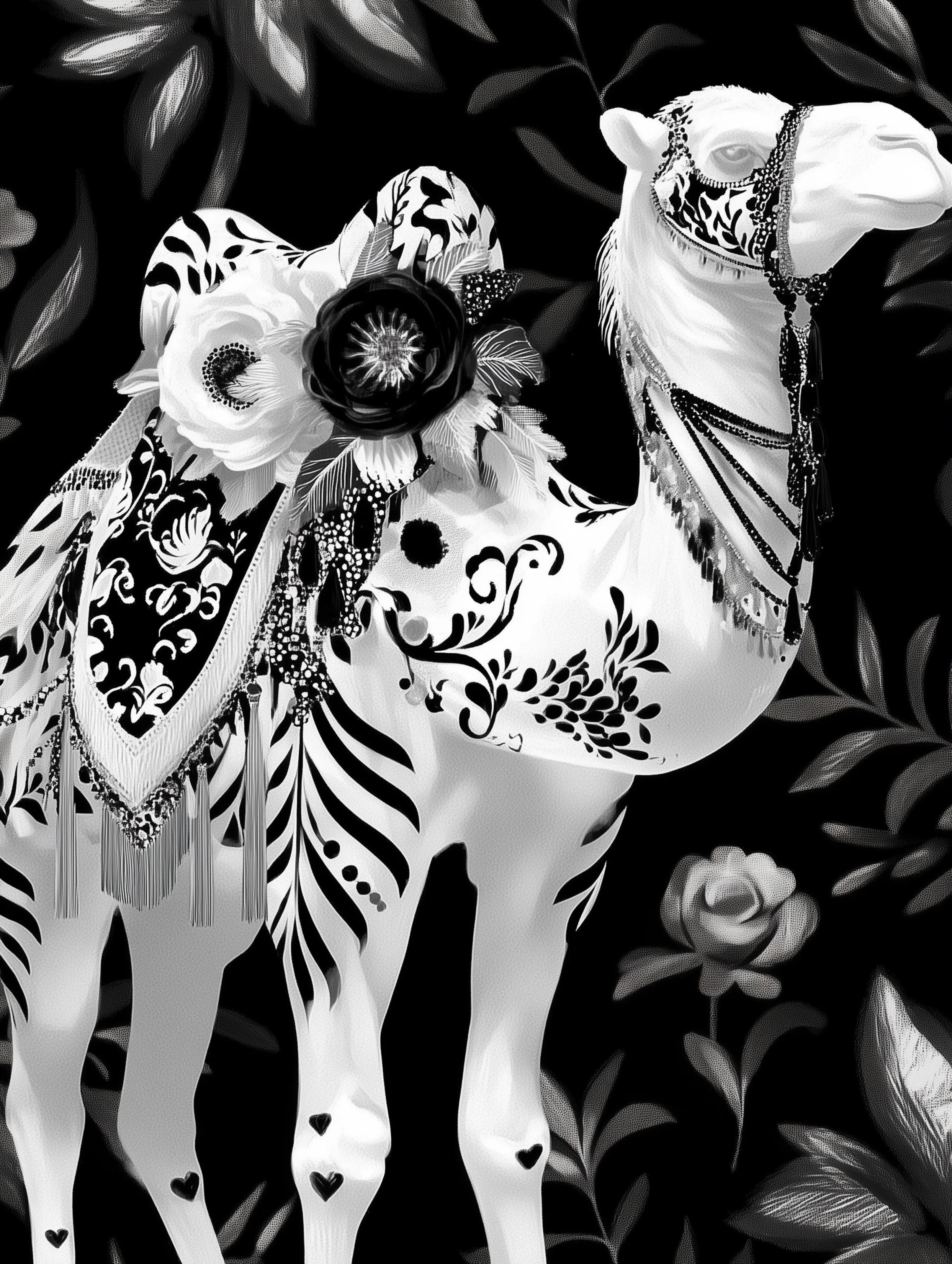 Free printable camel coloring page for adults featuring white camel on black background